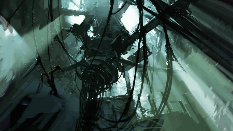 connection, architecture, ruin, gray, indoors, Portal 2, ceiling, nature, machine, Portal (game), science fiction, day, glass - material, complexity, equipment