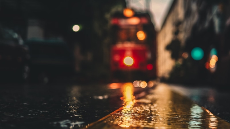 blurry, electrical, 1080P, blurred, rainy day, rainy, low angle, street, tram