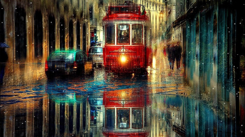 street, tram, city, rainy season, 1080P, rain, rainy, rain drops, city life