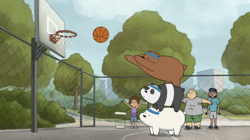 day, cartoon, architecture, table, real people, sunlight, plant, We Bare Bears, sky, men, chair, seat, 1080P, communication, green color, group of people