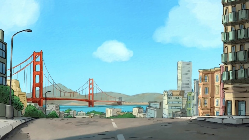 water, outdoors, built structure, 1080P, no people, building, suspension bridge, cartoon, We Bare Bears, bridge, transportation, city, sky, bridge - man made structure
