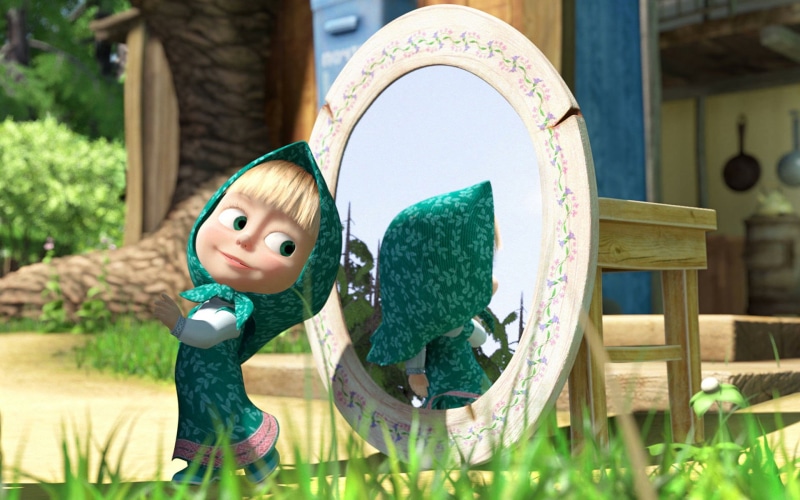 cartoon, focus on foreground, masha, seat, childhood, innocence, day, outdoors, representation, child, human representation, one person, wood - material