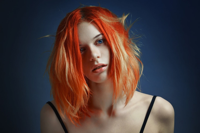 model, bare shoulders, hair, indoors, young adult, black background, hairstyle, women, human hair, dyed red hair, looking at camera, redhead, young women