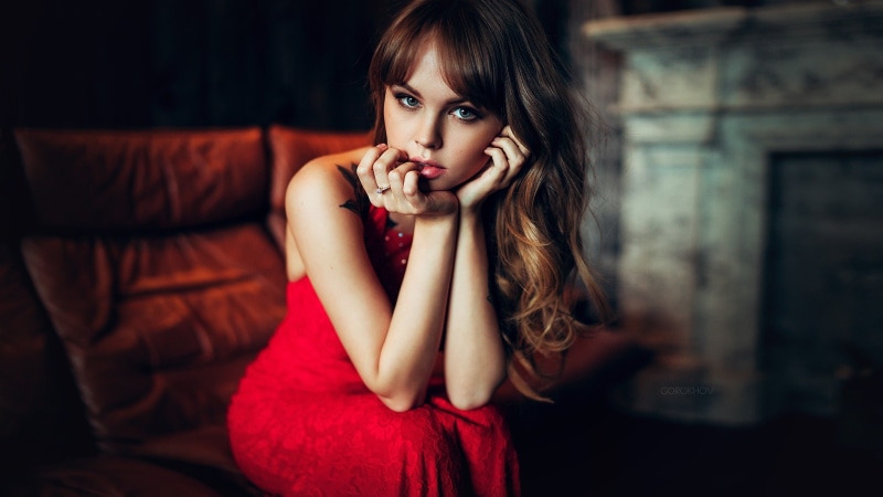 beauty, young adult, Anastasia Scheglova, red dress, contemplation, model, Ivan Gorokhov, wavy hair, young women, women, beautiful people, front view, blue eyes