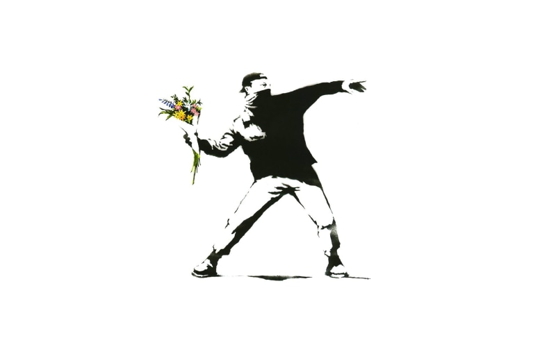 man, full length, flower, dancing, Banksy, copy space, indoors, one person, 1080P, men, lifestyles, flowers, studio shot, flowering plant, vulnerability