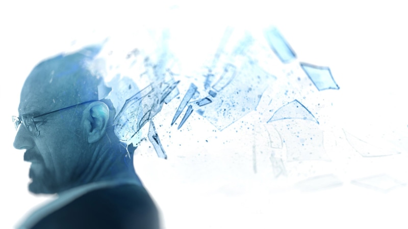 blue, studio shot, one person, shattered, black, meth, Breaking Bad, selective focus, framed, side view, close-up, 1080P, men, indoors, Heisenberg, white background