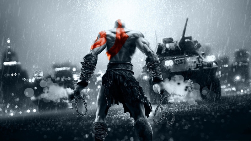 clothing, crossover, strong, moder was, adult, action, hero, God of War, China, Kratos, drop, montage, motion, Battlefield, 1080P, headwear, activity