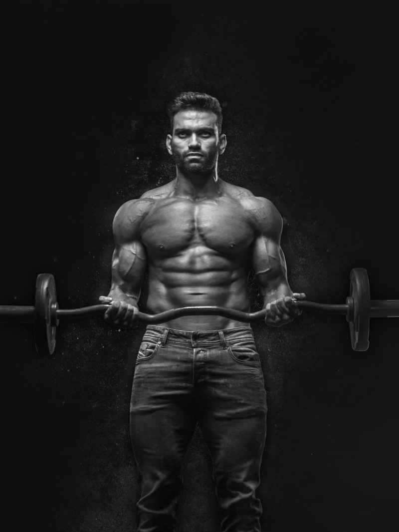 exercise equipment, portrait, front view, effort, young men, indoors, body building, gym, shirtless, 4K, weight, active, bicep, person, black and white