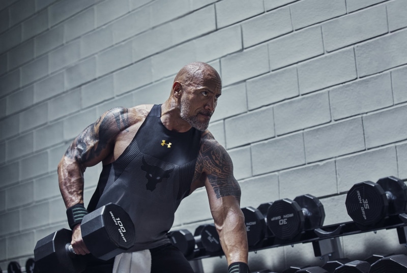 gym, bodybuilder, Dwayne Johnson, wrestler, 1080P, look, actor, pose, dumbbells, athlete, dumbbell, tattoo, muscle, biceps