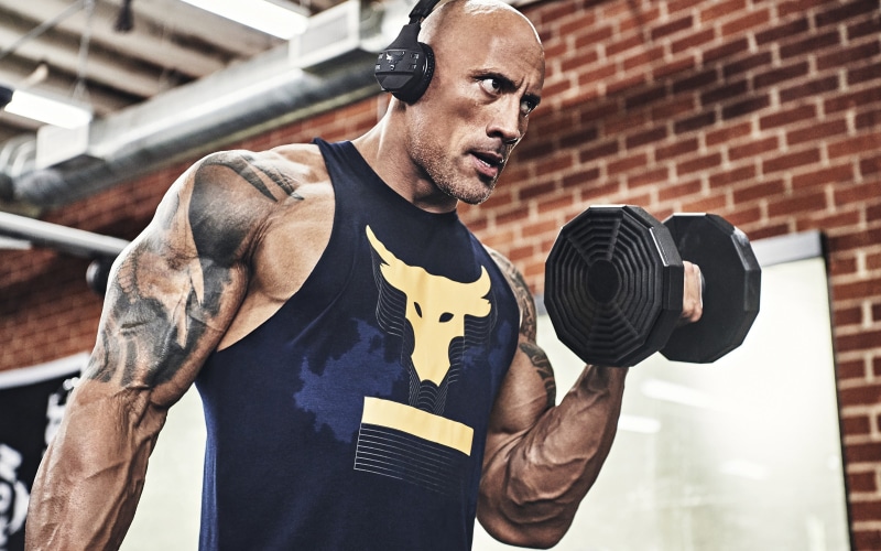 biceps, look, tattoo, actor, muscle, athlete, pose, dumbbell, dumbbells, bodybuilder, 2K, Dwayne Johnson, wrestler