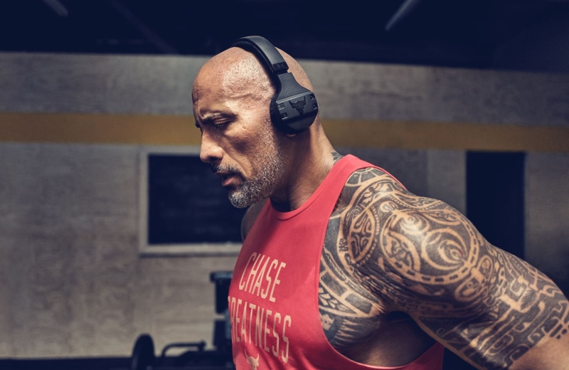 Dwayne Johnson, tattoo, athlete, actor, muscle, 2K, bodybuilder, wrestler, look, headphones, pose