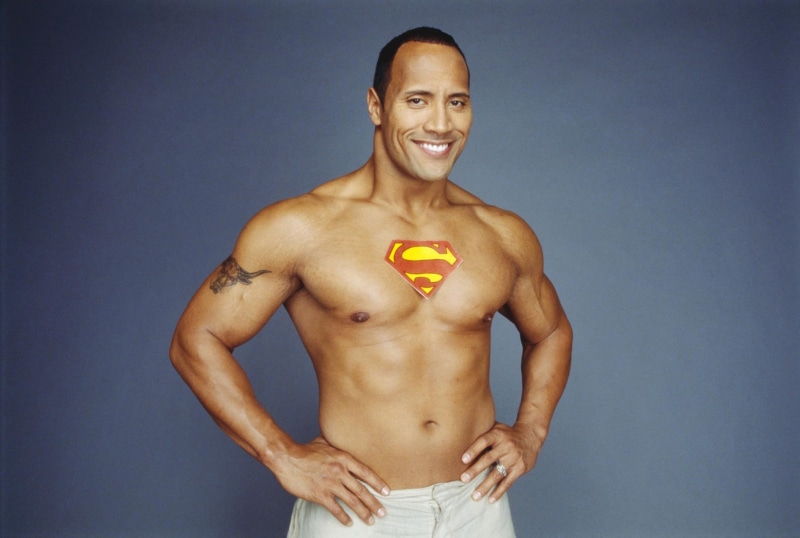 young adult, smiling, humor, semi-dress, Dwayne Johnson, dwayne, blue background, portrait, shirtless, colored background, actor, standing, human body part
