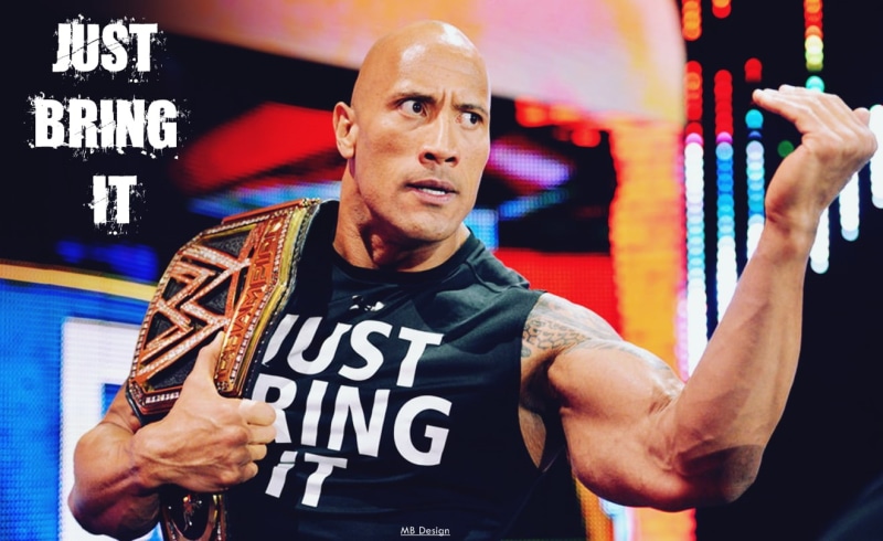 leisure activity, young adult, Dwayne Johnson, standing, text, real people, men, one person, young men, wrestling, 720P, arms raised, males, looking at camera