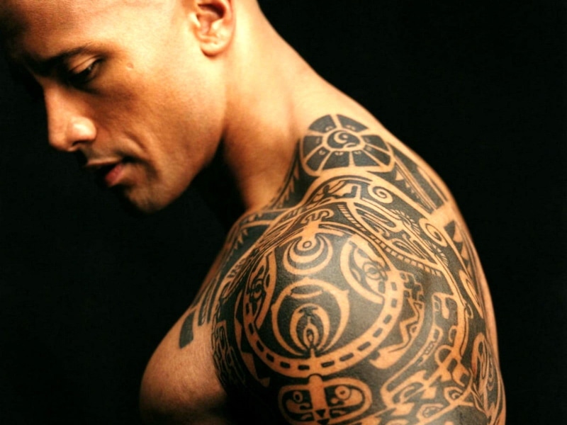 Dwayne Johnson, black Color, tattoo, fashion, shirtless, mid adult, human body part, beautiful, human Face, black Background, side view, adult, contemplation