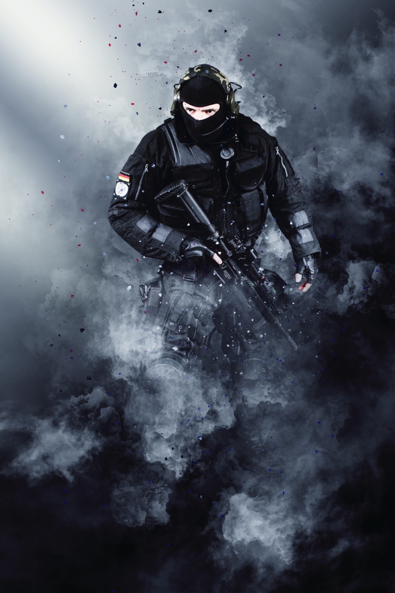 armed, combat, power, adult, cloud, protective, sign, full length, front view, smoke - physical structure, cold temperature, guard, young adult, fog, danger