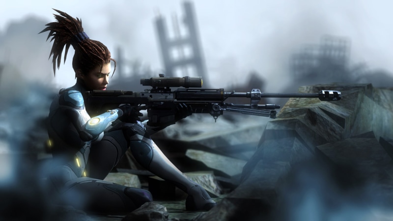 sniper rifle, one person, weapon, machine gun, 1080P, Sarah Kerrigan, armored, digital, side view, assault, military, hairstyle, clothing, girl, aiming