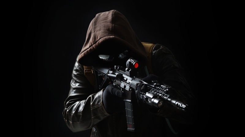 occupation, black background, leather jacket, technology, digital, men, weapons, hood, clothing, indoors, special Forces, shooting A Weapon