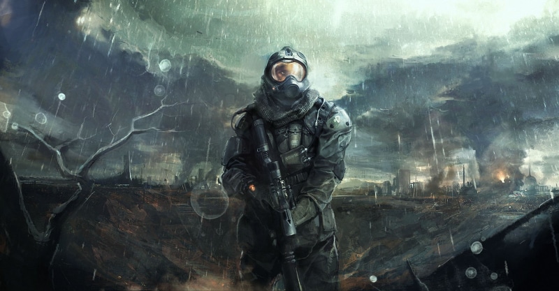 gray, mask, the city, clothing, work helmet, wearing, man, armor, adult, 1080P, ruins, suit, military, headwear, armed forces, holding, male