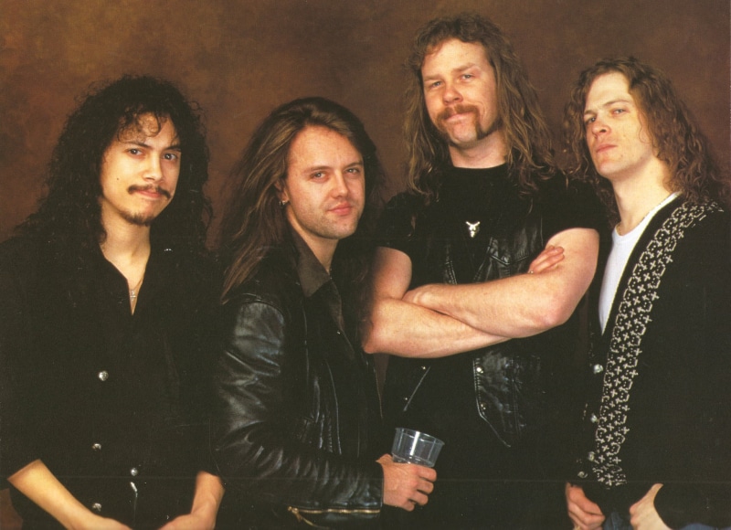 Jason Newsted, leather, beards, nightclub, looking at camera, adult, young men, male, jeans, drink, group, group of people, happy hour, dark hair, friendship