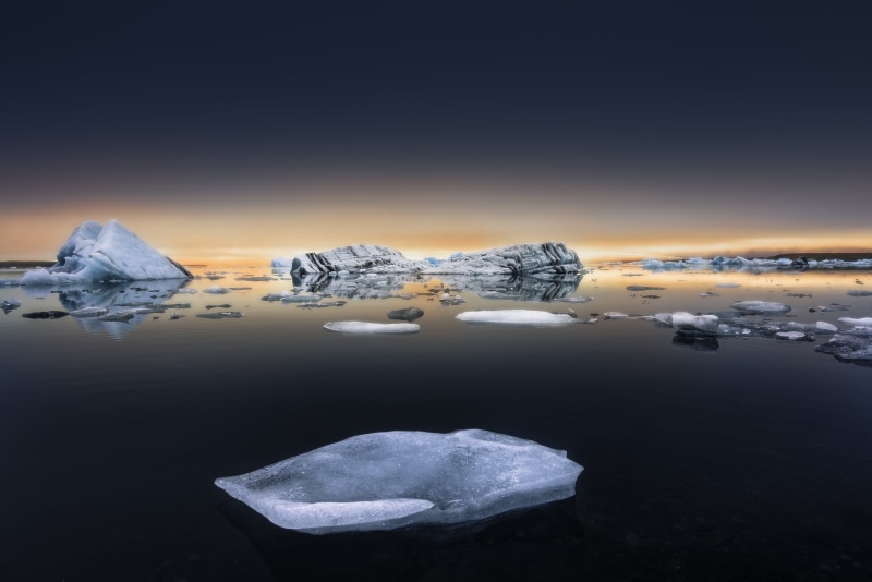 lagoon, Ice, sun, blue, melting, south, 5K, nature, sunset, frozen, ngc, jokulsarlon Lagoon, blue  orange, Jökulsárlón, reflection, cold - Temperature