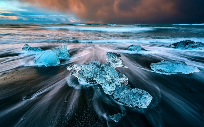 sea, ice, flowing water, 1080P, stones, cyan, Iceland, iceberg - ice formation, wave, beach, blue, cold temperature, lagoon, scenics - nature, beauty in nature