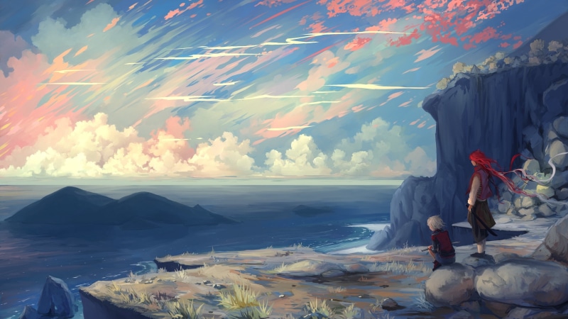 cloud, cliff, one person, wind, nature, 2K, sitting, standing, pink, leisure activity, sky, scenics - nature, hangmoon, blue, sea, beauty in nature, men