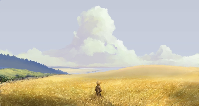 field, guy, the sky, forest, hangmoon, art, nature, clouds, anime, 4K