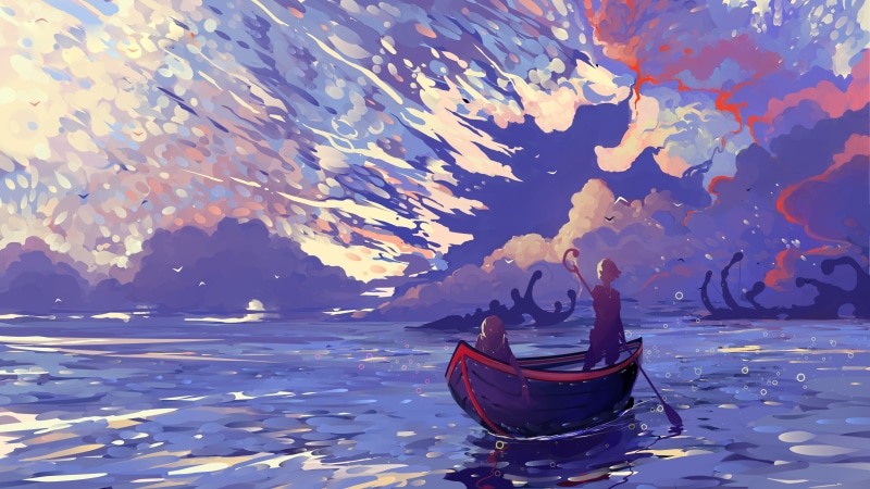 boat, illustration, 4K, Hangmoon, sea, artwork, sky, deviantart, fantasy Art, digital art