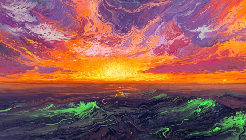 painting, sunrise, sea, waves, 4K, Hangmoon, digital art