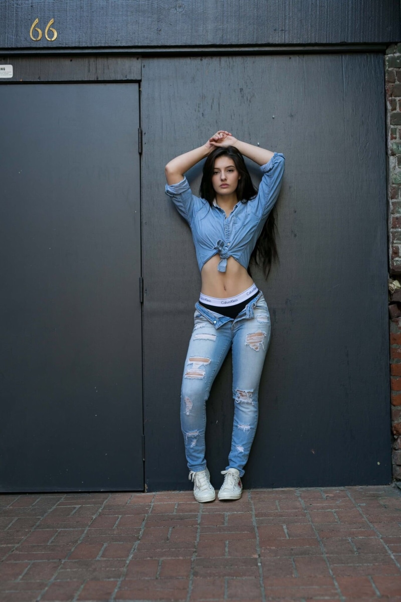 torn jeans, confidence, young women, Natalie Gibson, one person, women, standing, adult, clothing, human arm, hat, model, beauty, looking at camera, beautiful woman