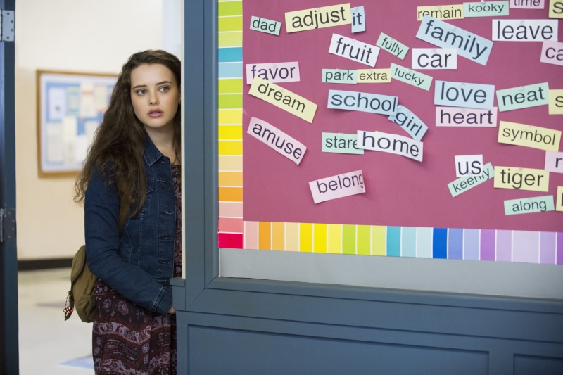 lean, 5K, door, blue, Hannah Baker, woman, wearing, Katherine Langford, HD, 5K, 13 Reasons Why, shirt, standing