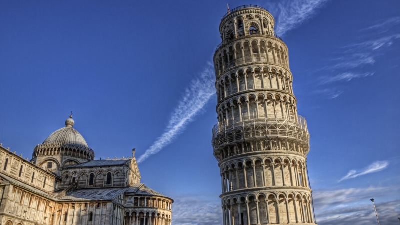 tourism, pisa, building, leaning, travel, building exterior, nature, sky, religion, architectural column, city, place of worship, blue, tall - high, Italy