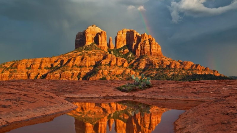 cathedral, pond, valley, desert, reflection, navajo, formation, monument, tribal, 1080P, park, rocks, rock, rainbow, cactus, nature and landscapes