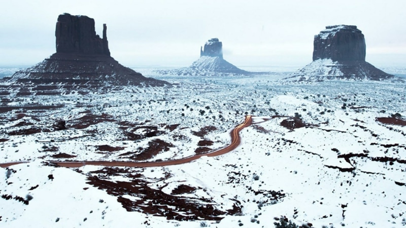 scenics - nature, day, desert, land, arizona, snow, united states, badlands, mountain, frozen, navajo tribal park, tribal park, buttes, non-urban scene