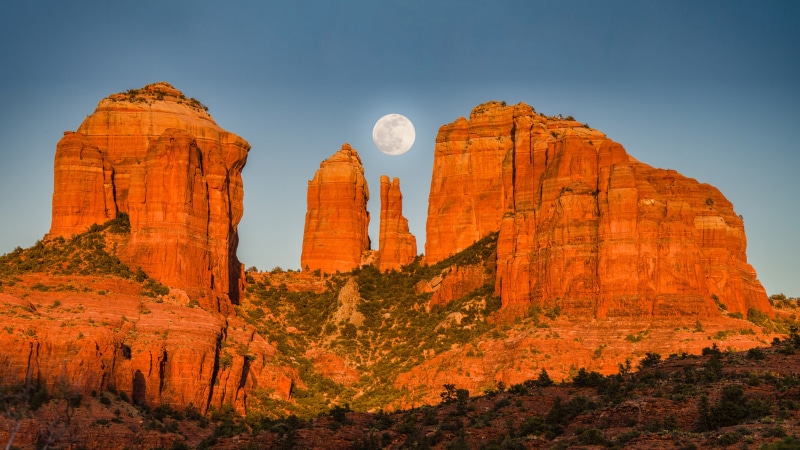 sunset, cathedral, arizona, rock, 4K, moon, desktop, backgrounds, sedona, windows