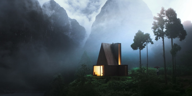 mist, mountain, lights, wood, land, pollution, brown, built structure, forest, building exterior, scenics - nature, 1080P, building, house, fog, tranquility