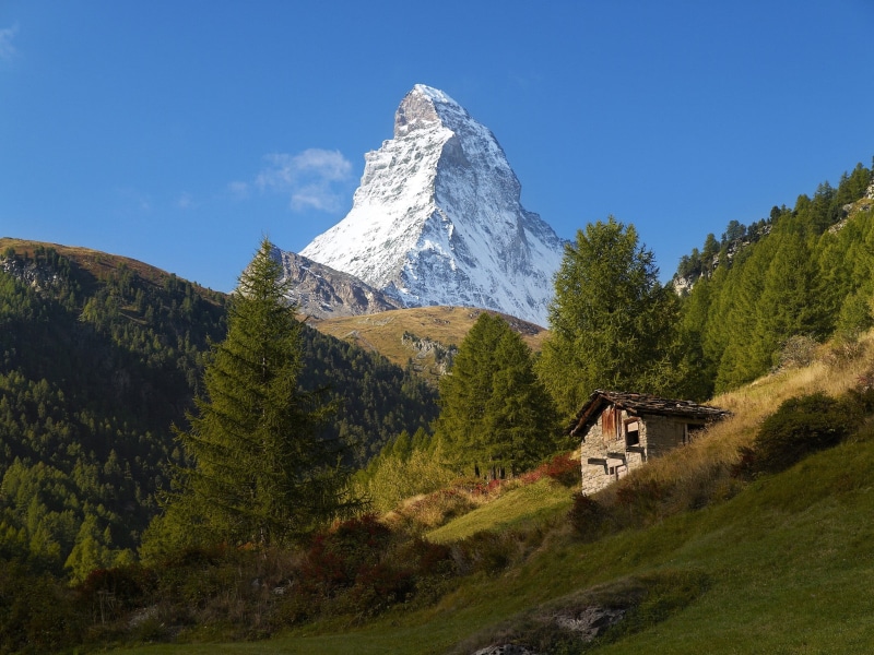 beauty in nature, cottage, sky, plant, house, trees, tree, scenics - nature, Matterhorn, brown, cold temperature, landscape, white, snow, chalet, built structure