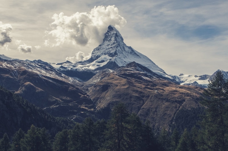 mountain, beauty in nature, outdoors, snowcapped mountain, The Matterhorn, mountains, tranquil scene, idyllic, formation, tranquility, cold temperature