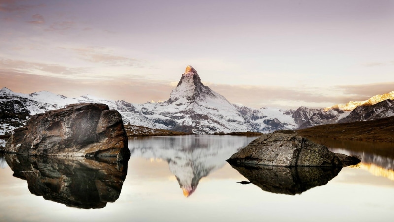 cold temperature, hills, waterfront, sunlight, mountain peak, mountains, tranquil scene, snow, clouds, no people, landscape, beauty in nature, Matterhorn