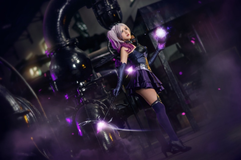 magic, fairy, the witch, pose, stockings, background, dress, weapons, installation, shoulders, purple, lights, costume, girl, outfit, dark, technique, look