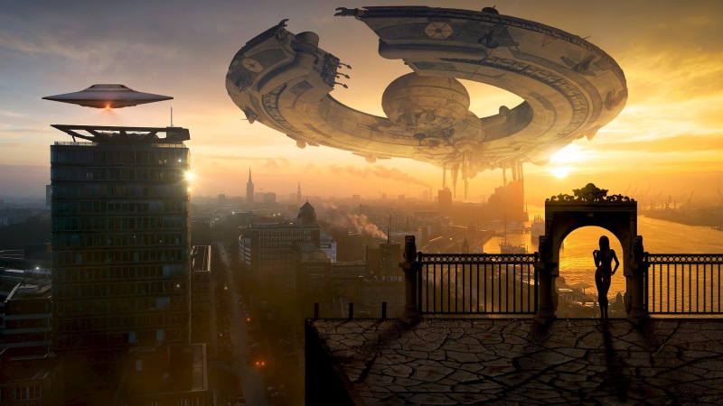 flying saucer, 2K, fiction, arch, space, flying, the fence, morning, technique, technology, giant, dawn, fantasy, mood, flight, pose, gate, height, the futuristic