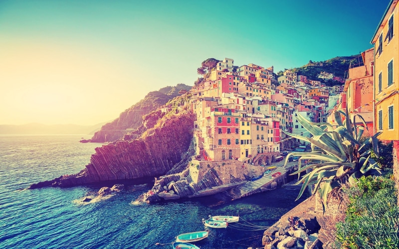 summer, retro Styled, island, town, outdoors, italian Culture, landscaped, rock - Object, street, red, city, nautical vessel, village, scenics, dusk, riomaggiore