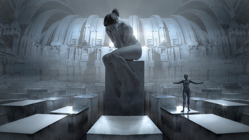 rendering, new era, art, helplessness, women, three quarter length, space, hands, adult, future, sculpture, image, arch, grey, design, contemplation, people