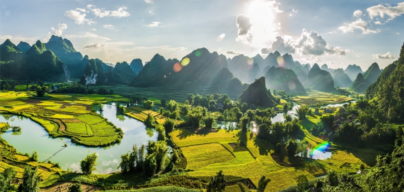 landscape, cao bang, field, trung khanh, green color, cloud - sky, landcapes, sunlight, vietnam, style, tranquility, tranquil scene, mountain, outdoors