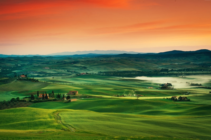 sky, Tuscany, field, Italy, landscape, 8K, grass, 5k, 4k, sunset, 8k, village