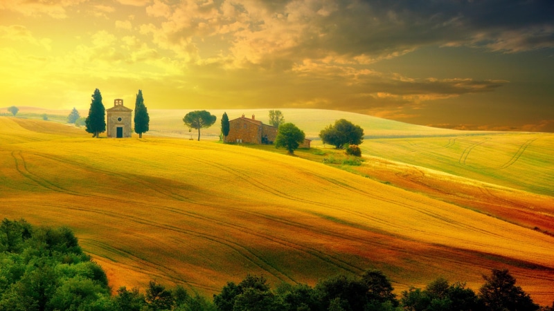 4K, yellow field, field, europe, landscape, grassland, village, sky, meadow, countryside, tuscany, rural area, rolling hills, nature, hill, italy