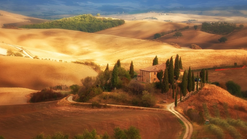 Fields, Road, Autumn, Tuscany, House, Italy, Trees, 1080P