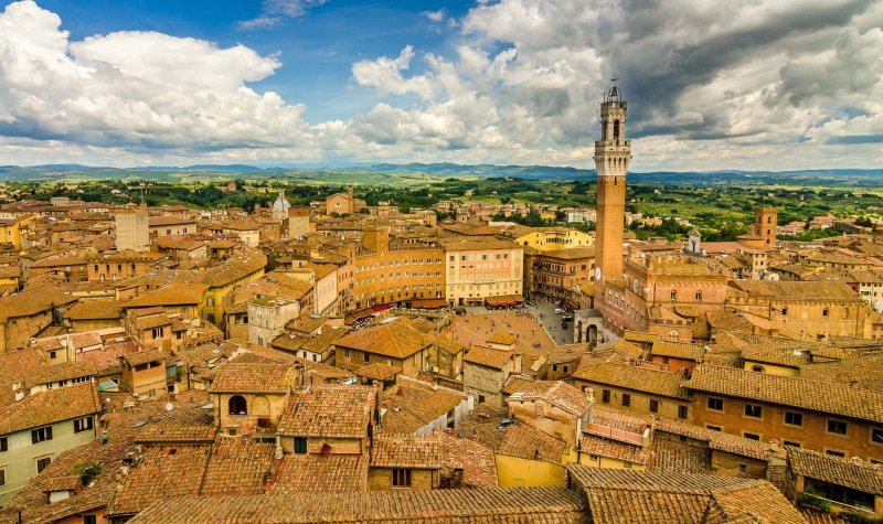 Buildings, roofs, brown, 1080P, tower, Siena, Italy, Tuscany, panorama