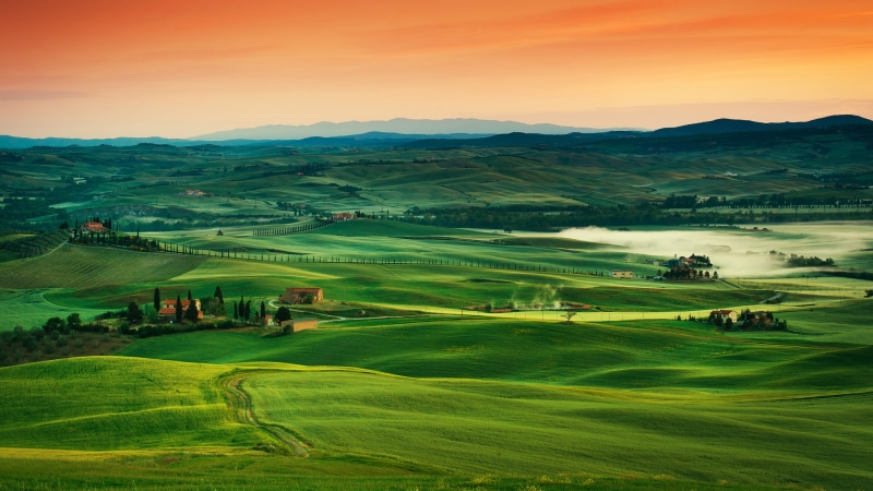 sky, grassland, village, landscape, grass, meadow, 4K, rural scene, no people, field, green - golf course, hill, green, rolling landscape, nature, rural area