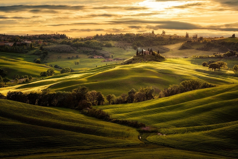 environment, building exterior, plant, 1080P, no people, idyllic, building, field, scenics - nature, tree, nature, grass, Italy, outdoors, rolling landscape